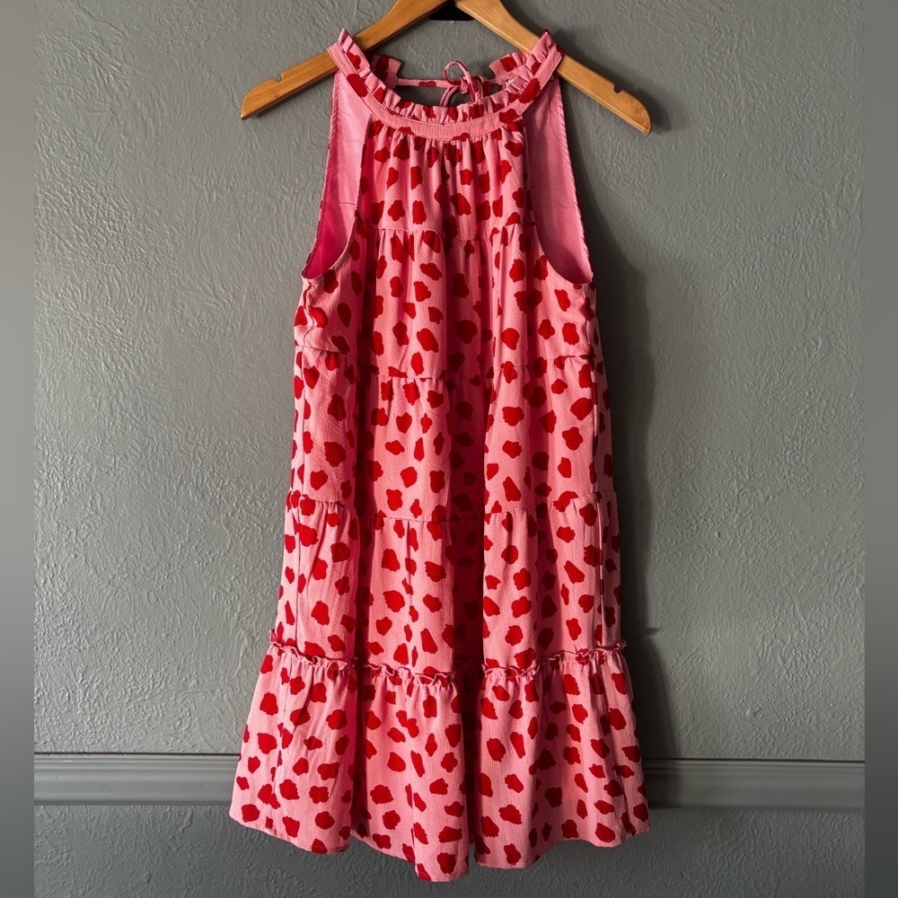 Anthropologie Pink and Red Heart Print Tiered Sundress